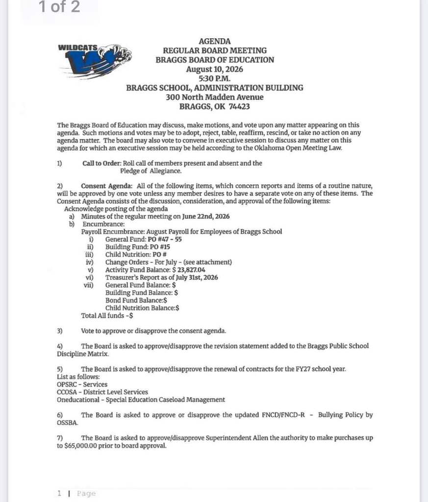 August 10, 2026 Braggs School Board Agenda. page 1