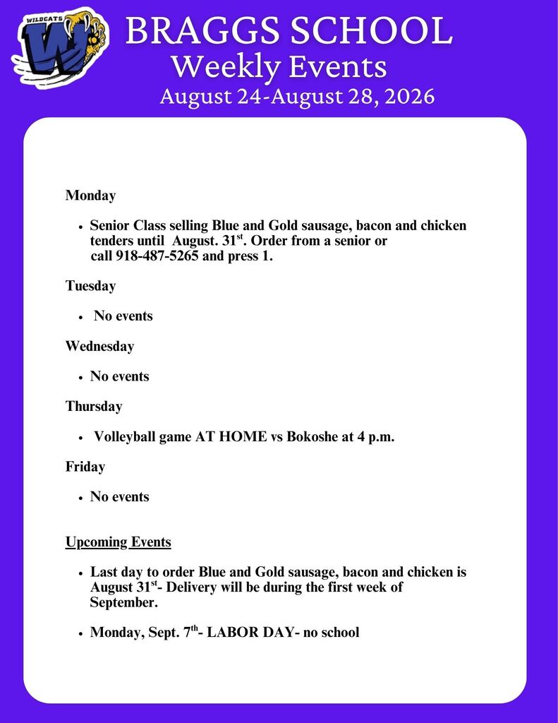Braggs School Weekly Events for August 24-August 28, 2026
