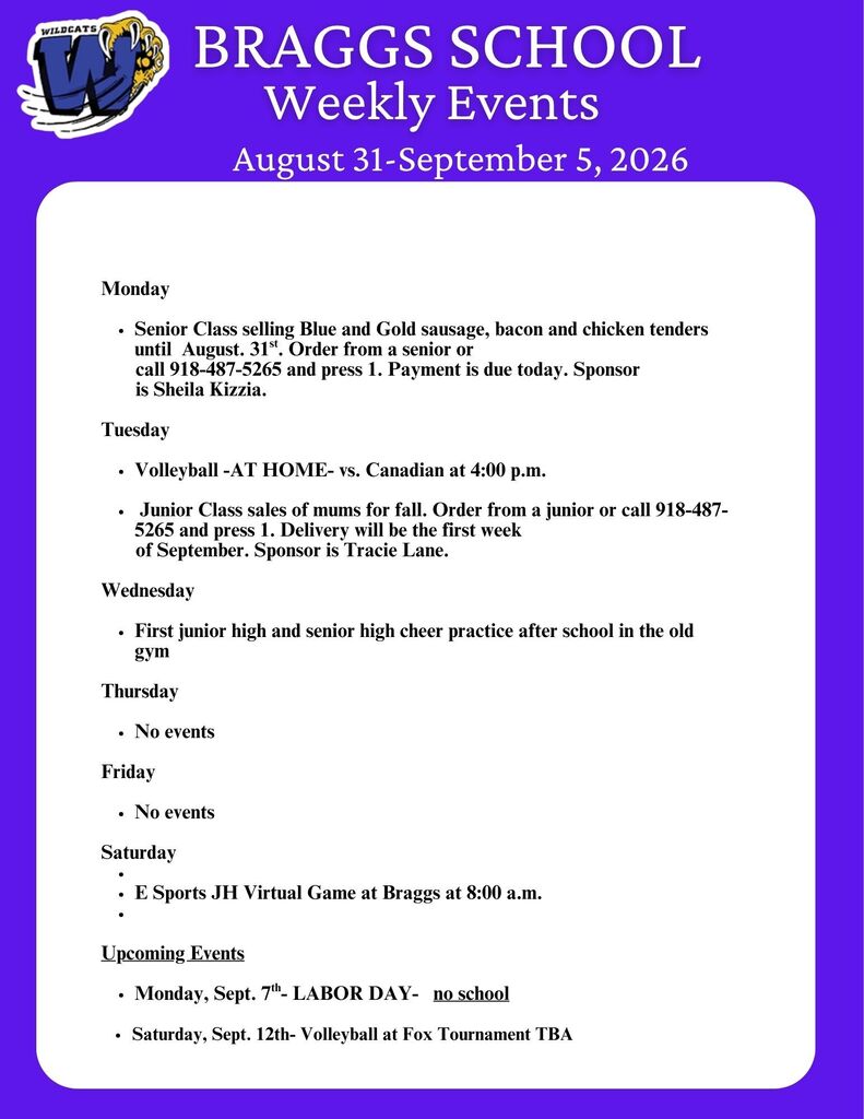 Braggs School Weekly Events for August 31-September 5, 2026