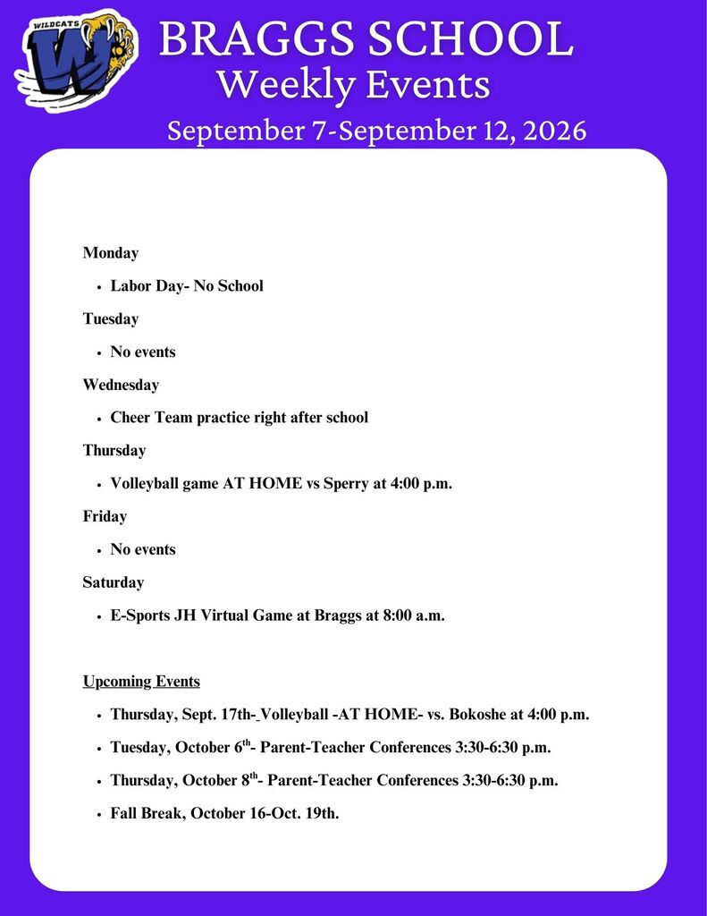 Braggs School Weekly Events, September 7-12, 2026