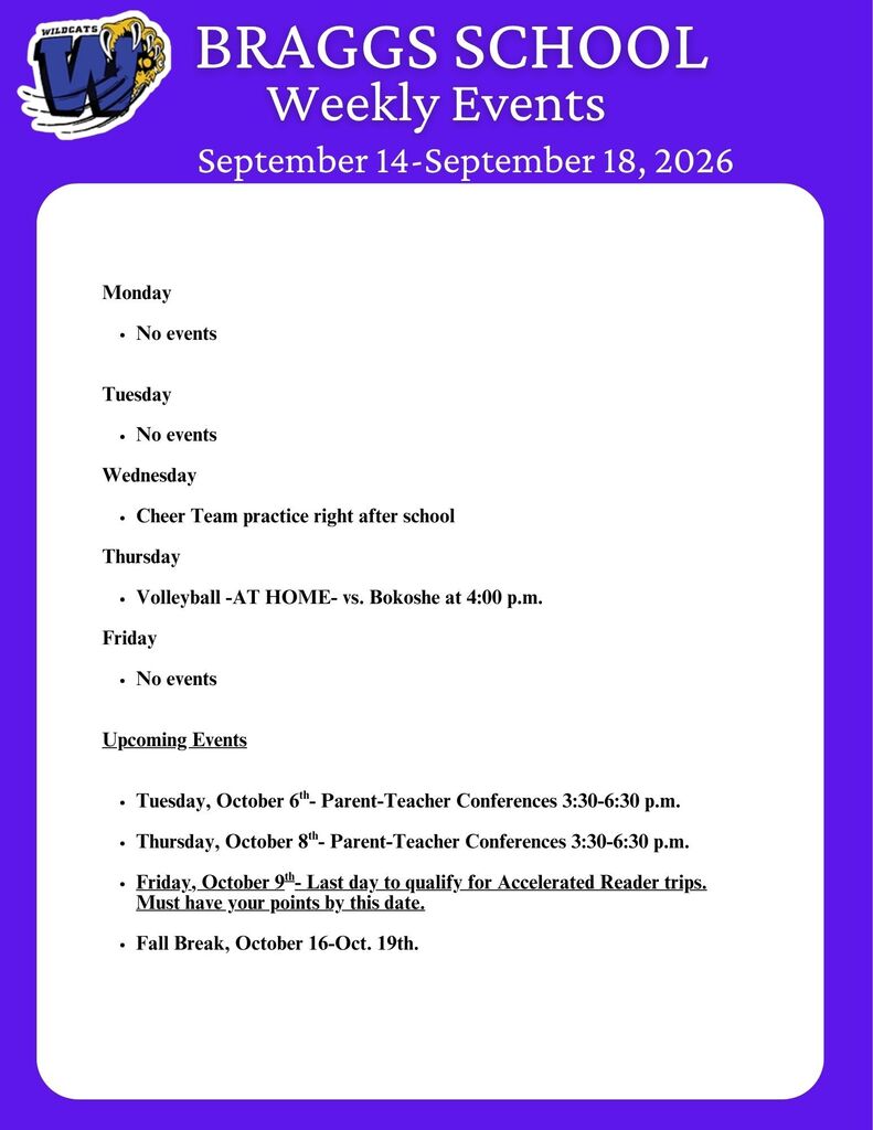 Braggs School Weekly Events Sept. 14-Sept. 18, 2026