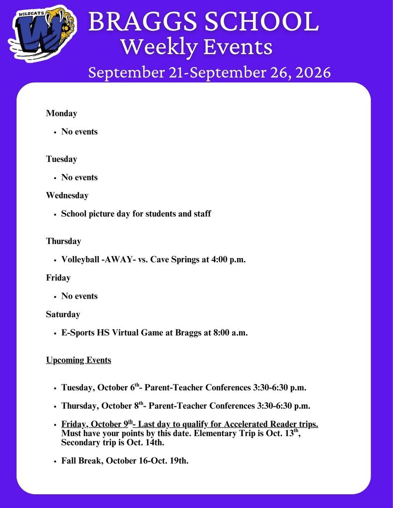 Braggs School Weekly Events for September 21-26, 2026