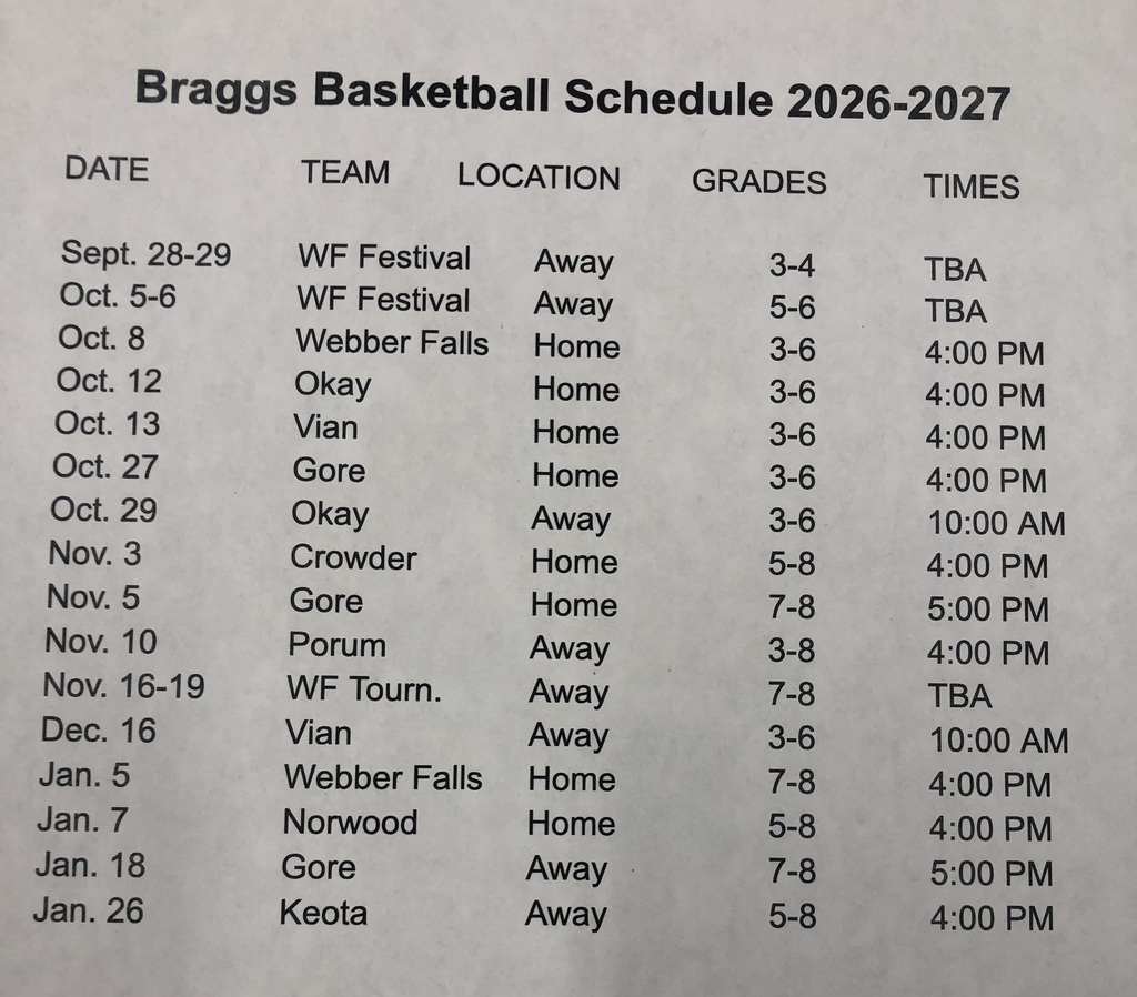 Braggs Basketball Schedule 2026-2027