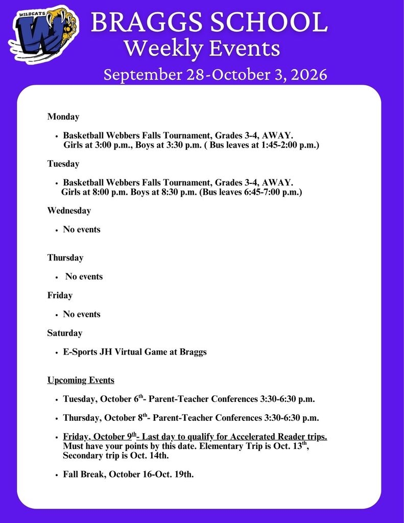 Braggs School Weekly Events for September 28-October 3, 2026.