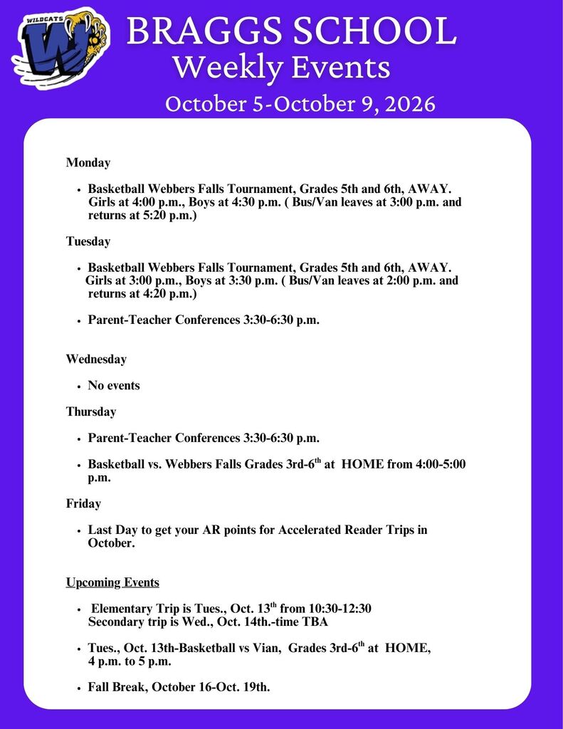 Braggs Public School Events for October 5-October 9, 2026