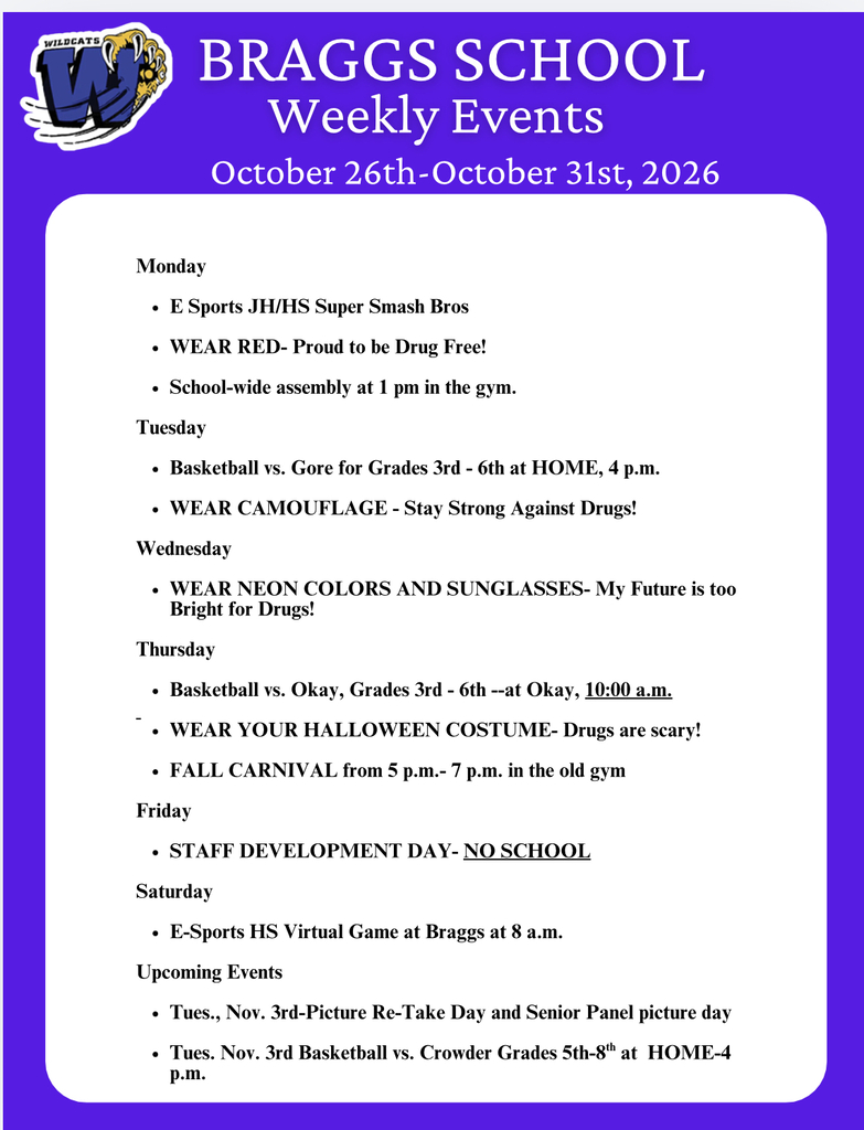 Braggs School Werkly Events for October 26-31, 2026