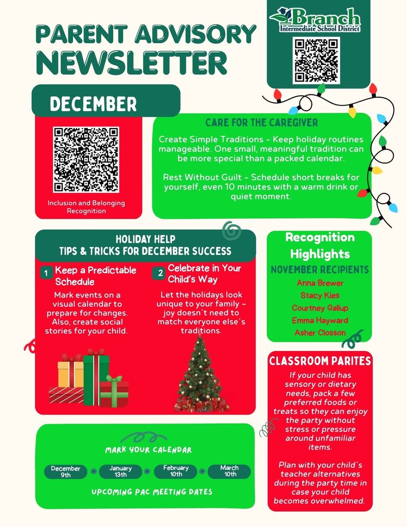 December Parent Advisory Newsletter with ideas to support Holiday success and information about upcoming meetings and award winners.