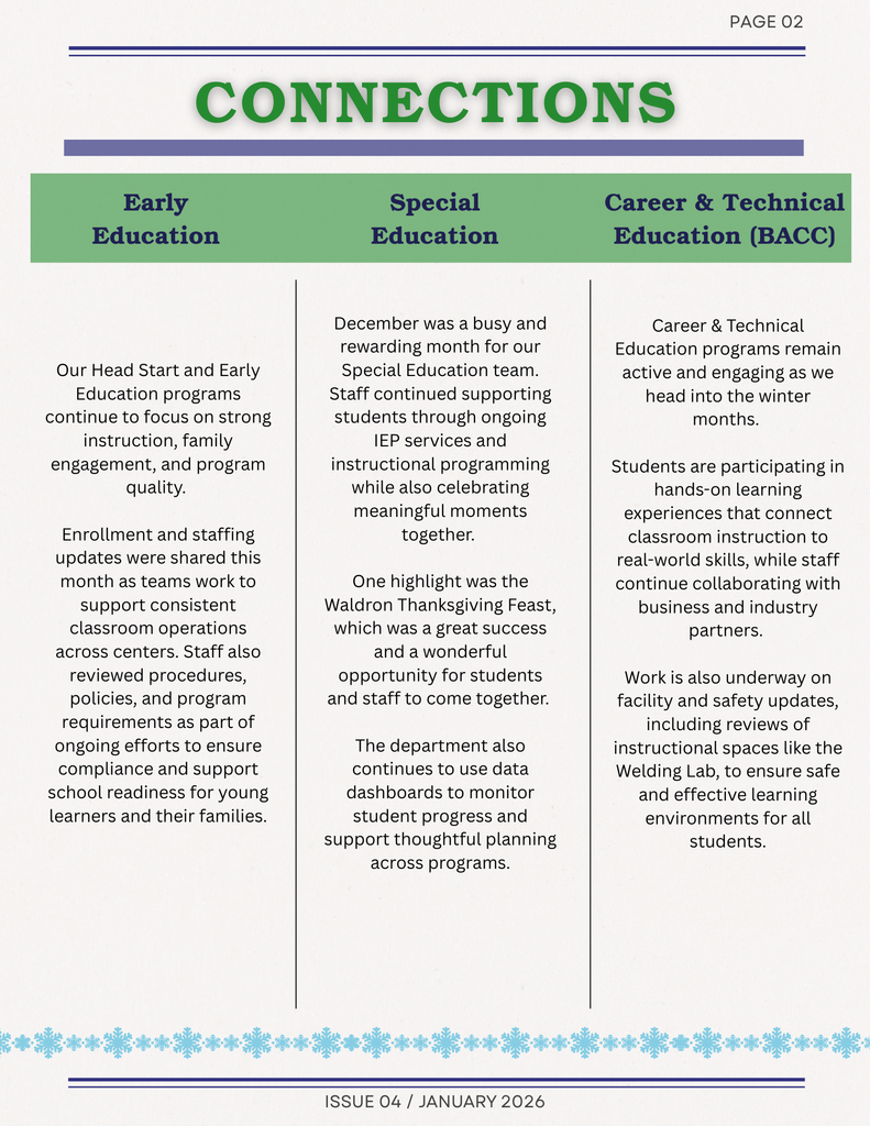 Second page of BISD January Connections Newsletter summaries of Early, Special and Career & Technical Education
