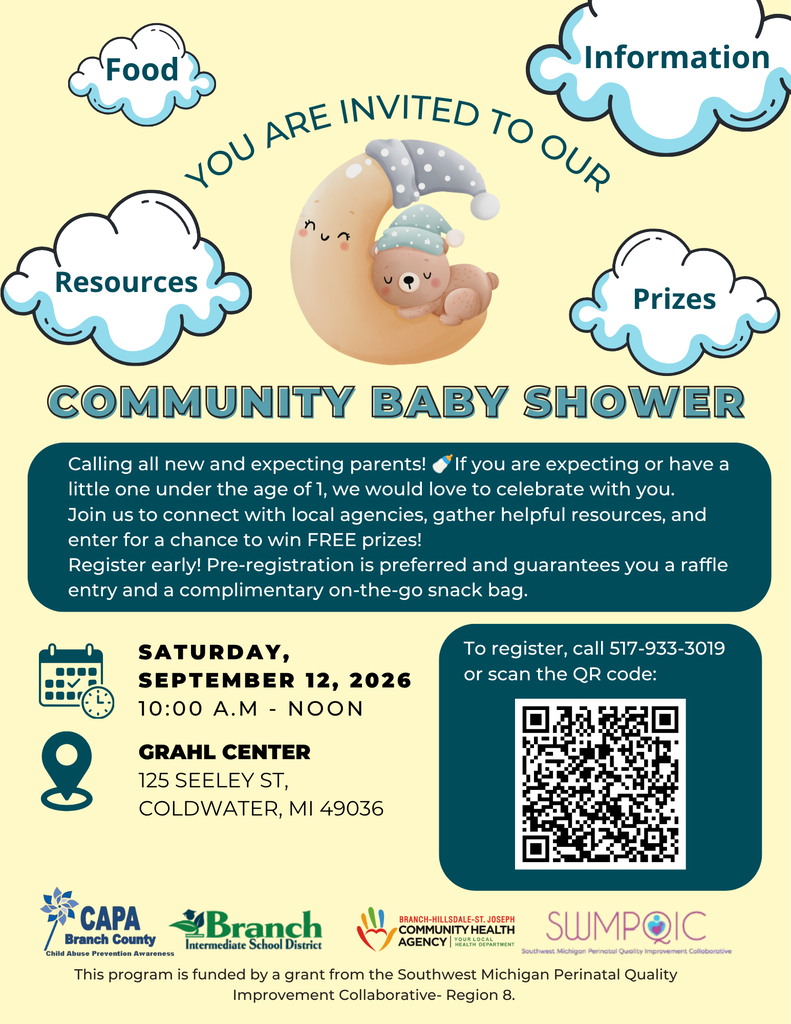 community baby shower Sep 12th at Grahl center in Coldwater