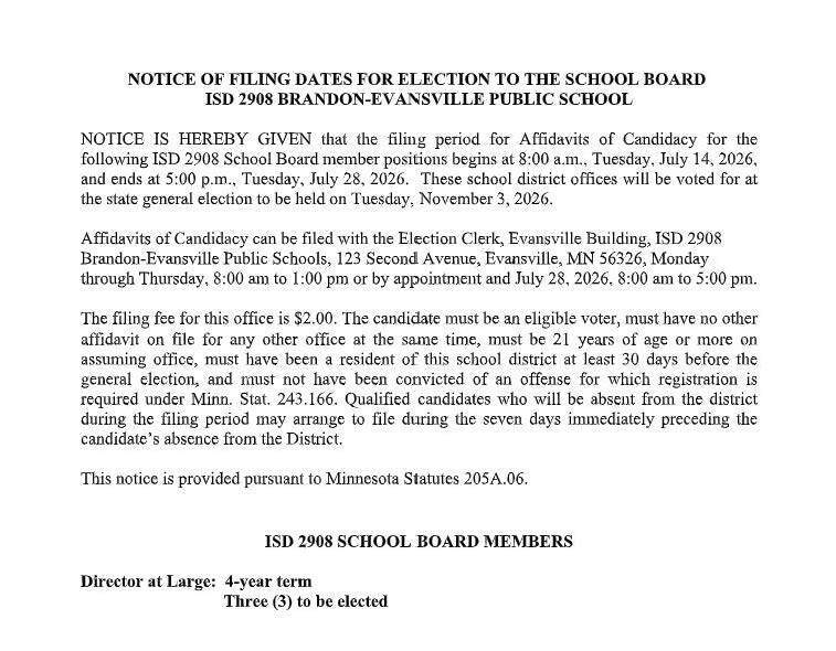 Notice of Filing Period for School Board of ISD 2908 B-E Public Schools