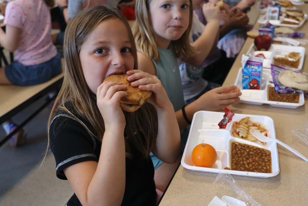 little girl eating a cheeserburger