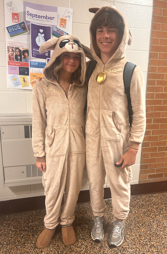 two students wearing dog costumes