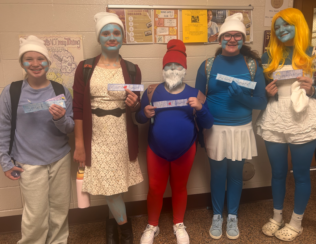 group of students dressed as Smurfs