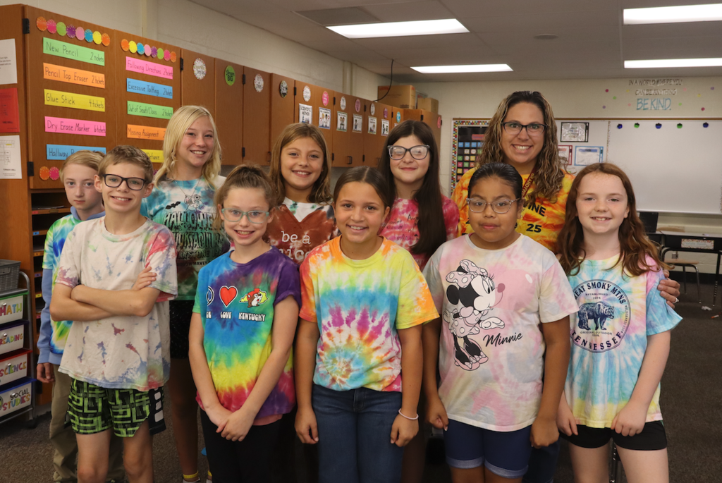 group of students wearing tie dye