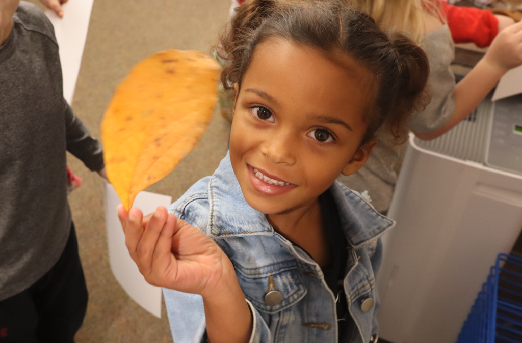 student holding leaves