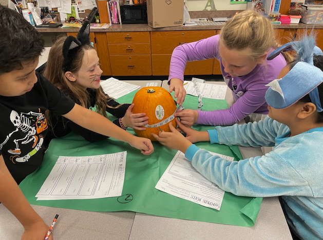 students measuring circumference of a pumpkin