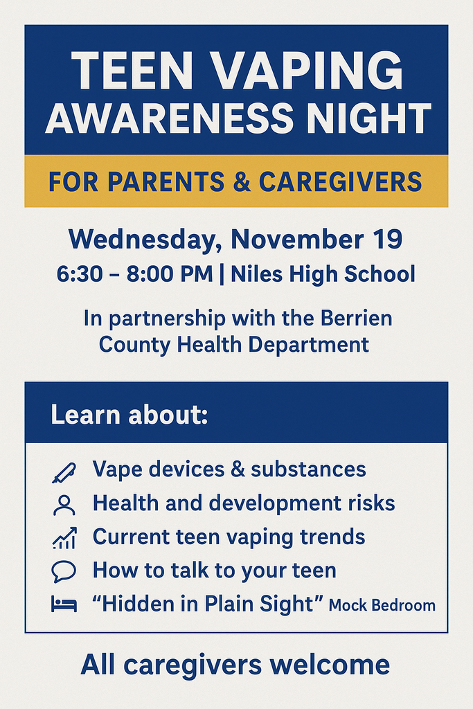 Teen vaping awareness night for parents and caregivers at niles high school Wednesday November 19