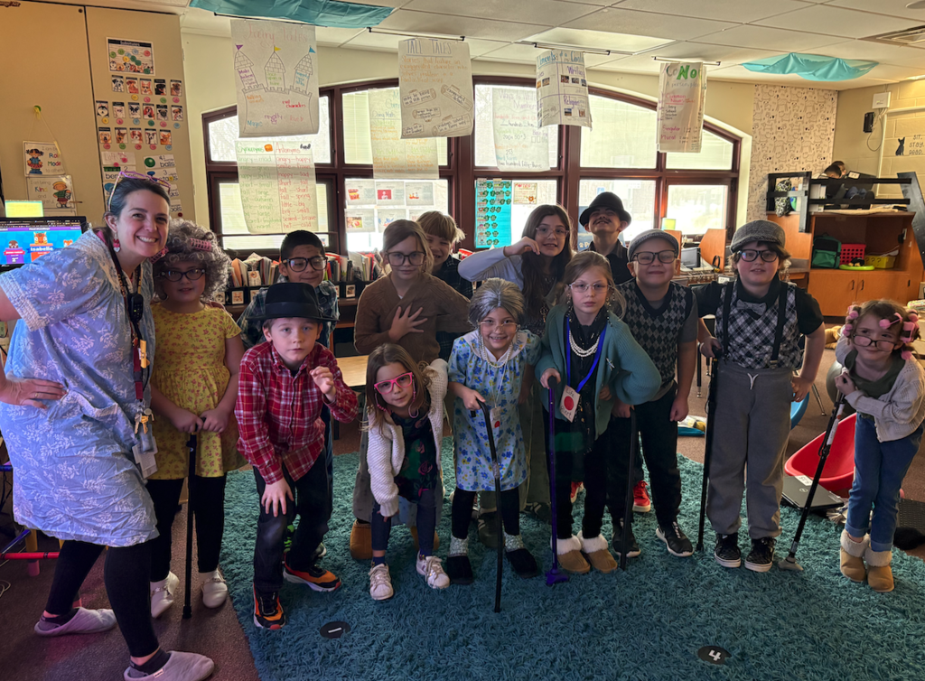 group of second graders dressed as 99 years old