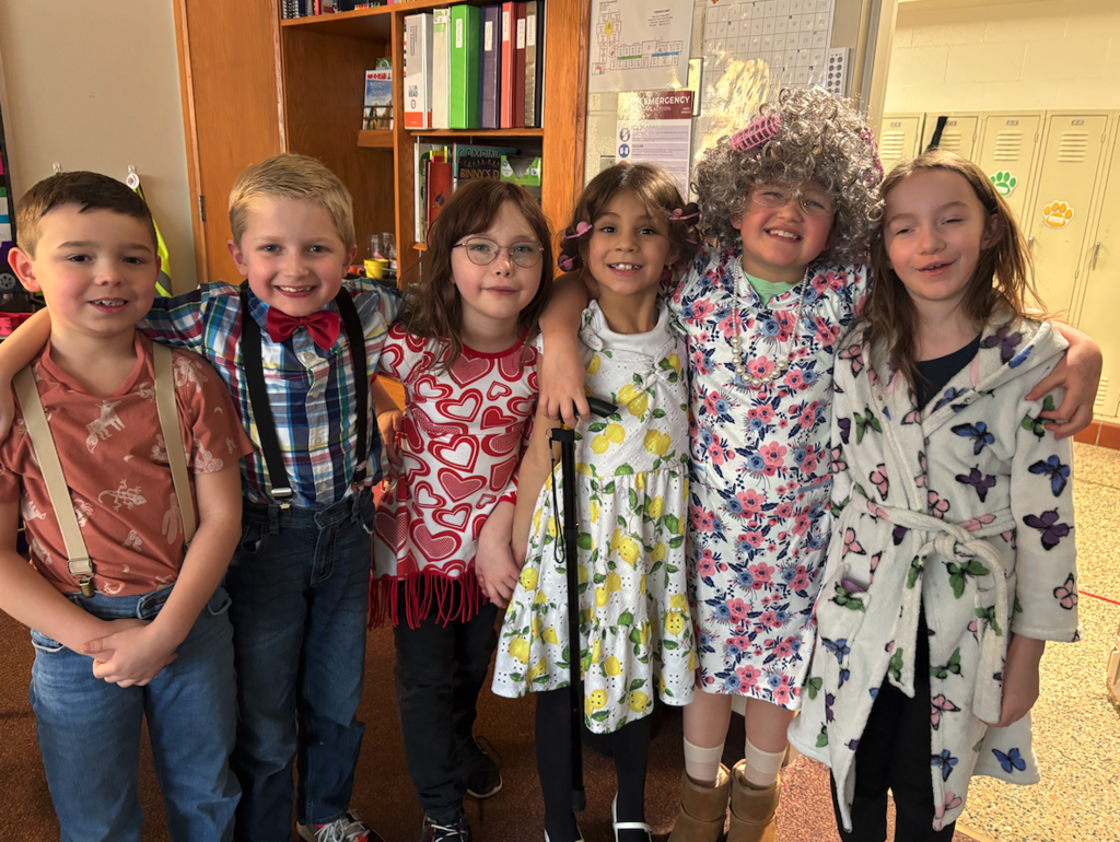group of second graders dressed as 99 years old