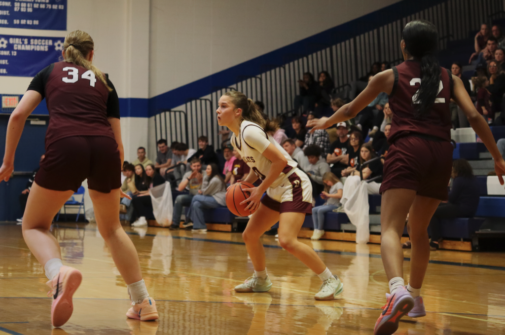 basketball player with basketball on court