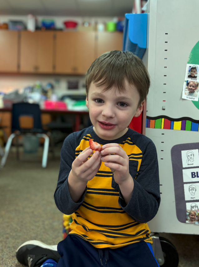 little boy with strawberry