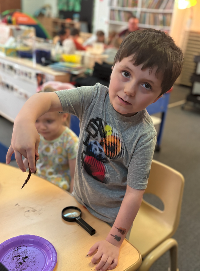 little boy holding worm