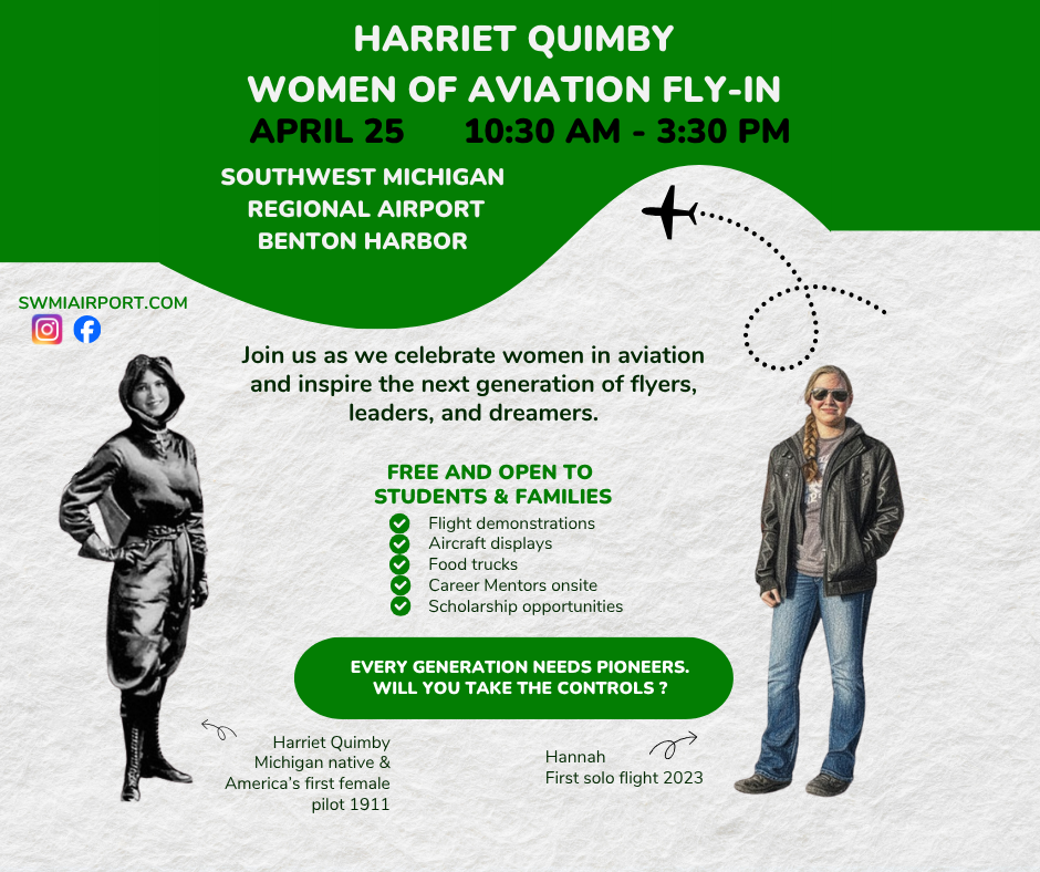 Harriet quimby women of aviation fly in at Southwest Michigan regional airport Benton Harbor on April 25 from 10:30 a.m. - 3:30 p.m. free and pen to students and families, image of Harriet quimby and Hannah who has blond hair and leather jacket on