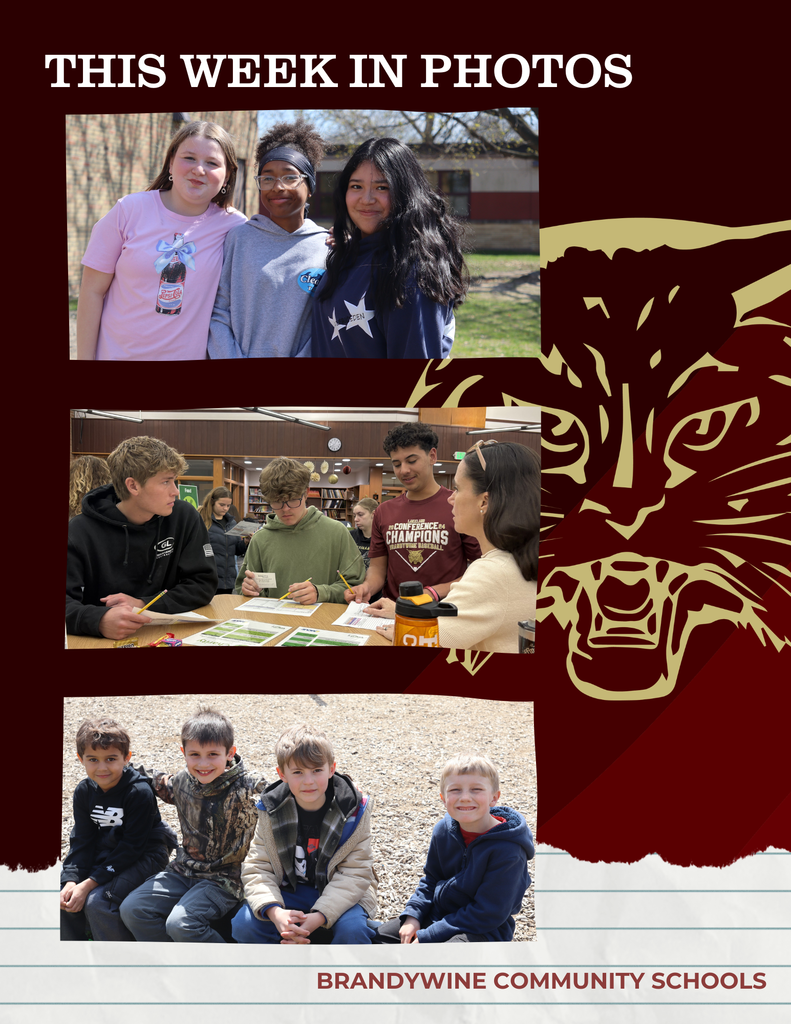 graphic image that says "this week in photos" first picture: three elementary girls standing outside smiling, second pictures: three high school boys standing at table with budget sheets in library, third picture: four first grade boys sitting on a ledge at recess outside
