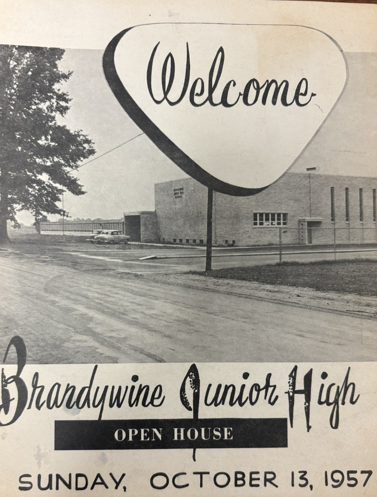 welcome Brandywine junior high open house Sunday October 13,1957 picture of brick building