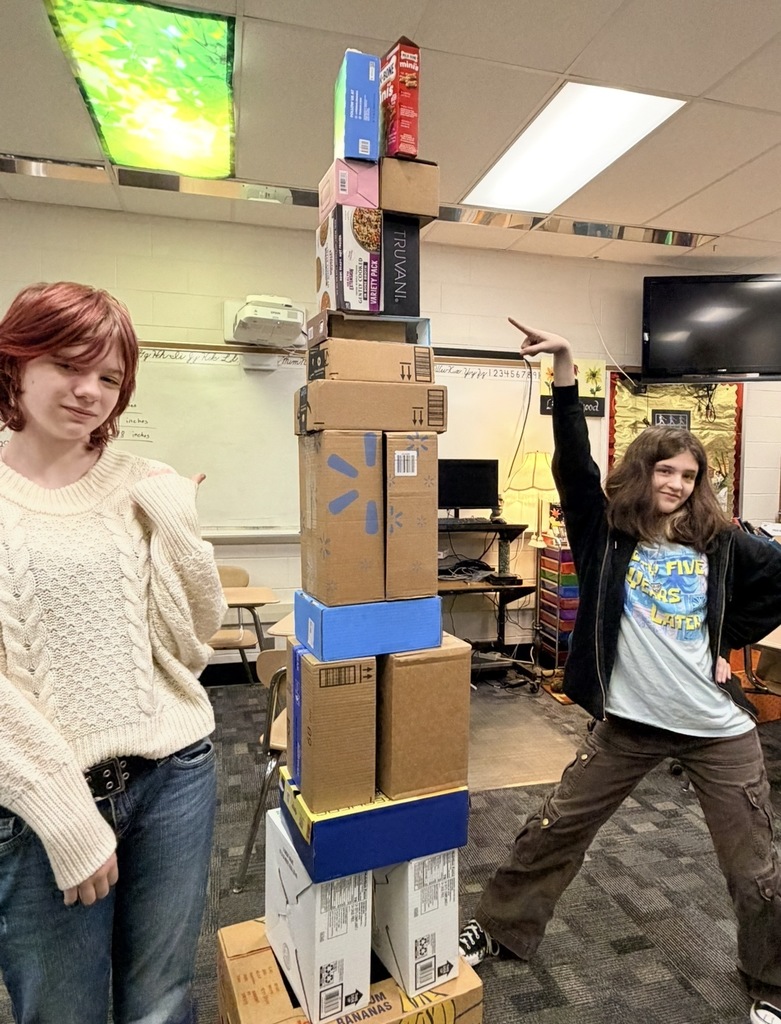 students showing off box tower
