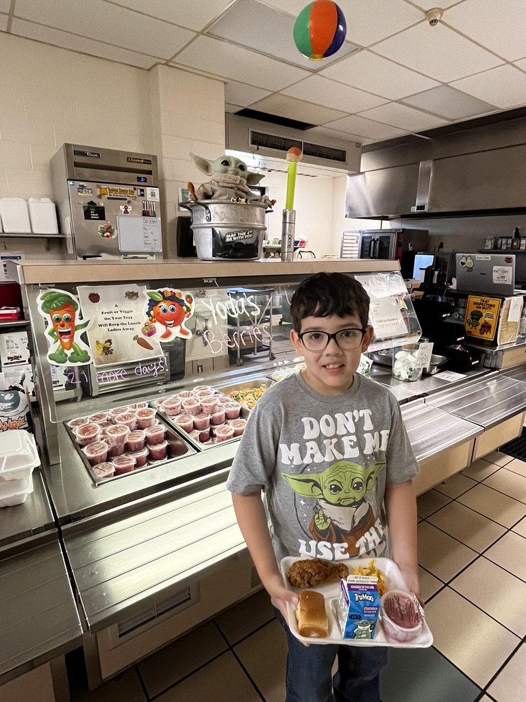 little kid dressed in Yoda shirt with lunch tray