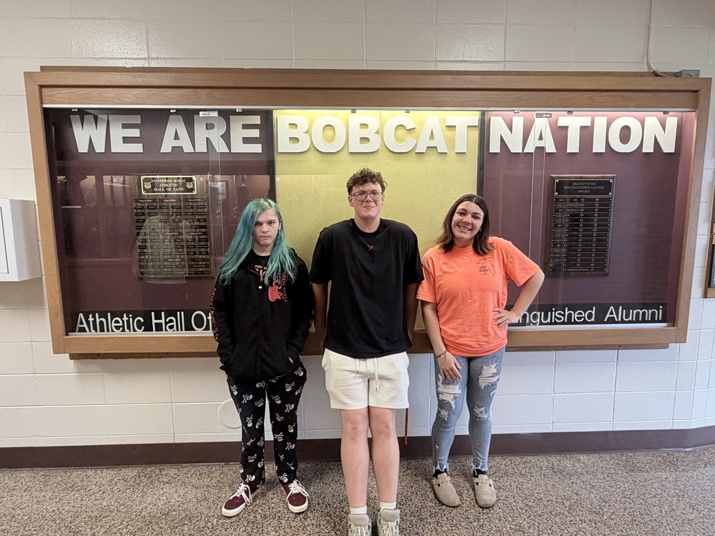 three kids standing in front of bulletin board that says "we are bobcat nation"