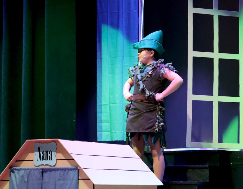 Peter Pan standing with their arms on hips, coming in the window
