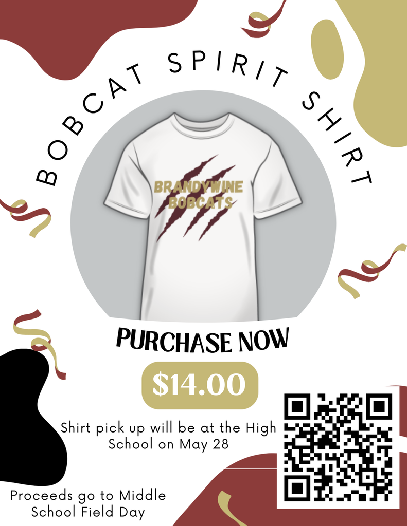 We have Bobcat Spirit Shirts available! All proceeds for this Brandywine Bobcats shirt will go towards Middle School Field Day. Orders are due by May 15, and will be available for pick up on May 28 at the high school.   Order here: https://www.createmytee.com/Join/385572