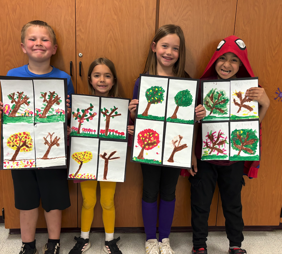 four kids standing with collage of nature