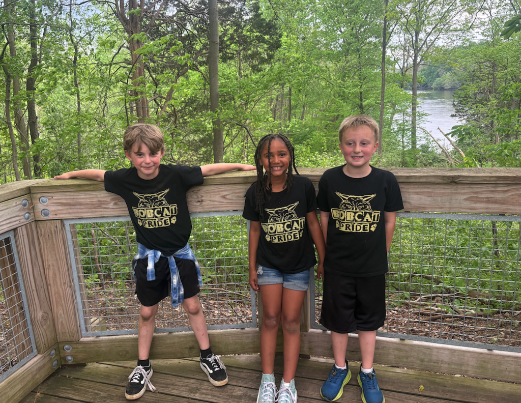 ground of three kids standing on platform at the zoo 