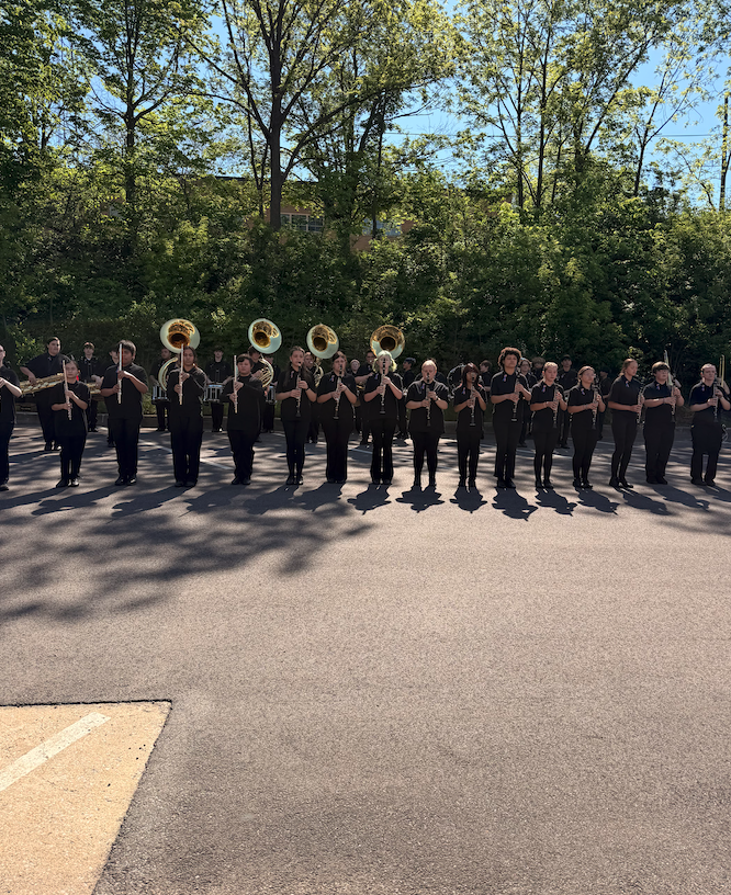 band students standing at attention for parade