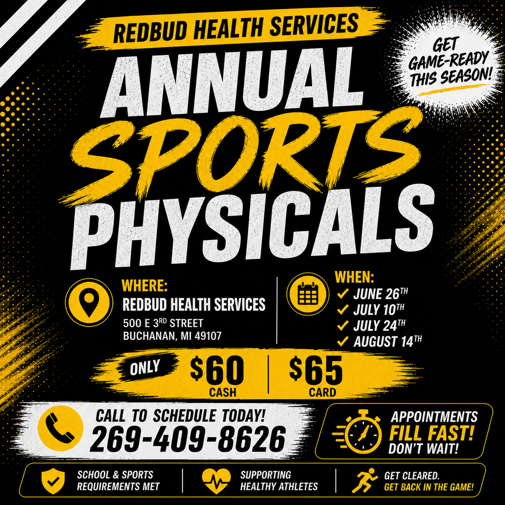 annual sports physicals at red bud health services call 269-409-8626