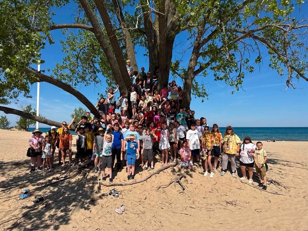 class of kids under a tree at the beach