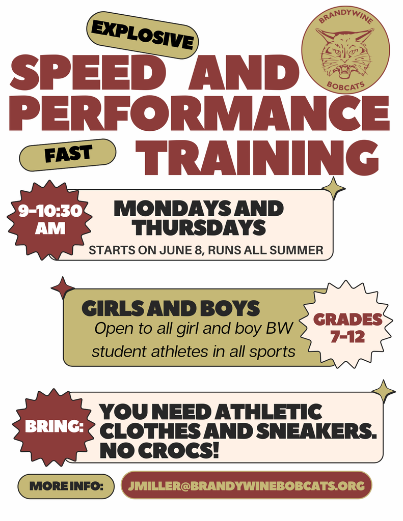 speed and performance training Mondays and Thursday from June 8 through summer for boys and girls in athletics 9 - 10:30 a.m.