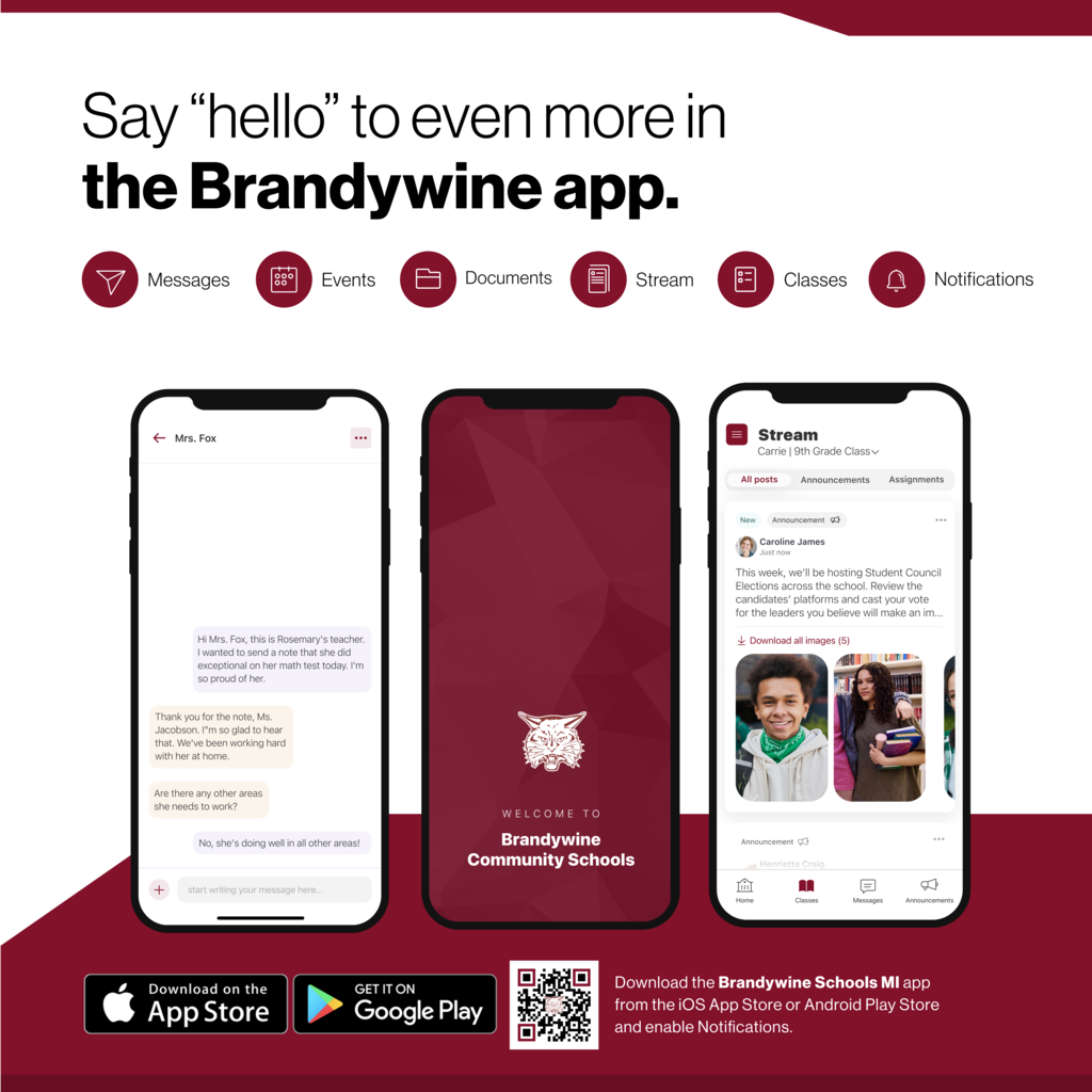 Are you on the Brandywine app? Keep up with all things maroon and gold by downloading the Brandywine app on your phone! Receive notifications, stay up to date on what's going on in the district, and once school is back in session, you will be able to communicate directly with your child's teachers through our Rooms feature.