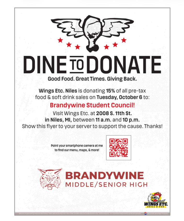 dine to donate at wings etc niles on tuesday, october 6 from 11 a.m. - 10 p.m. to support brandywine student council