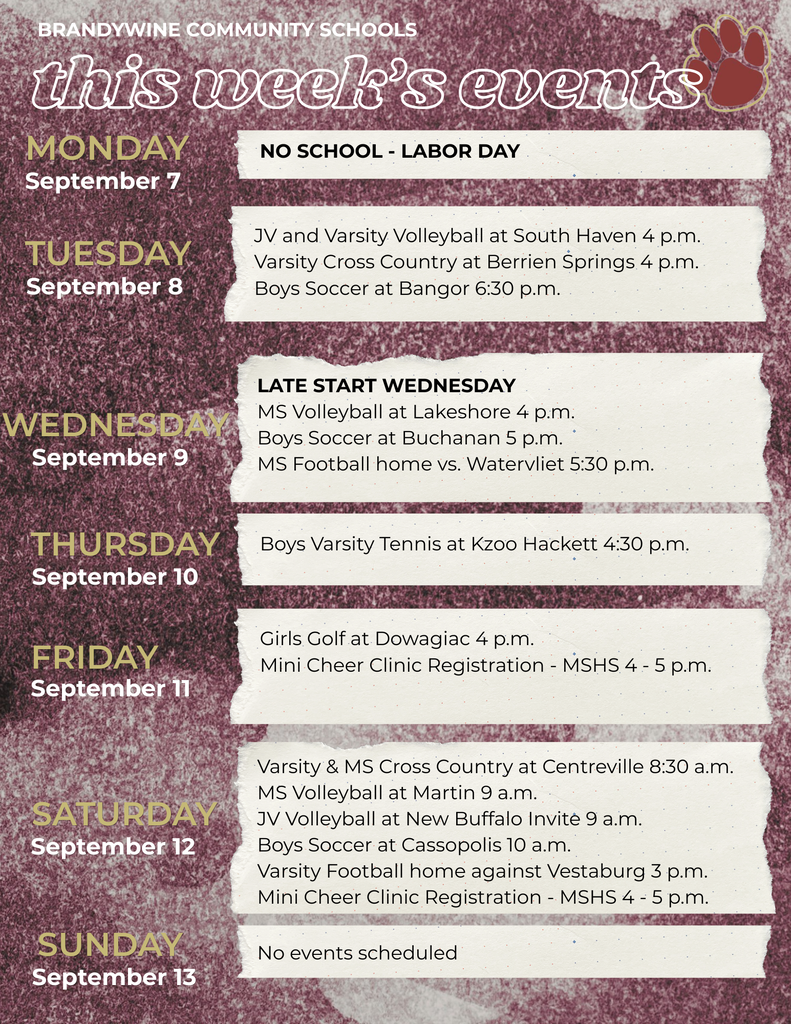 This weeks events View the full schedule at www.brandywinebobcats.org. 