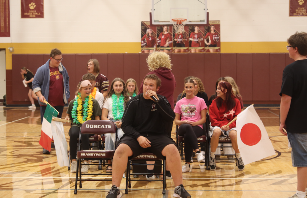 group of students sitting in chairs as if they were on a cruise, wearing country flags