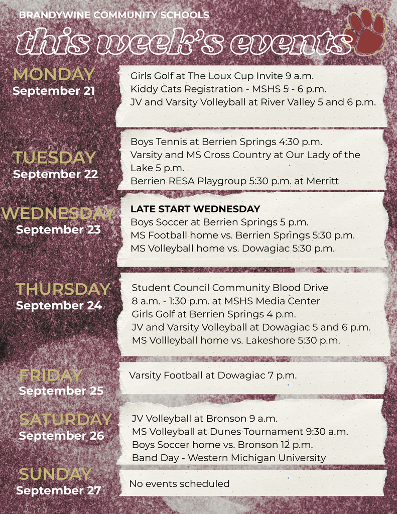 Here's what's happening this week at Brandywine Community Schools!  View the full schedule at www.brandywinebobcats.org. 