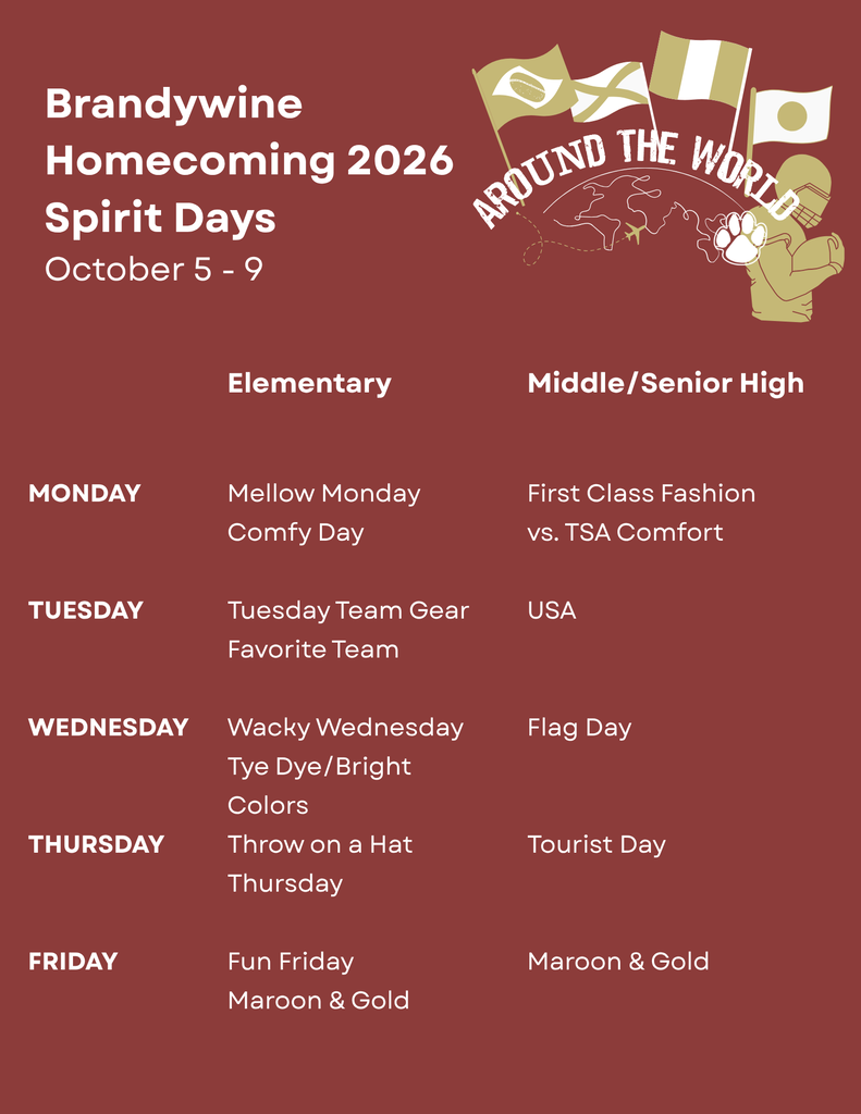 Brandywine Homecoming 2026 Spirit Days October 5 - 9