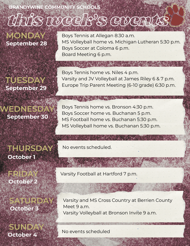 Here's what's happening this week at Brandywine Community Schools! View the full schedule at www.brandywinebobcats.org.