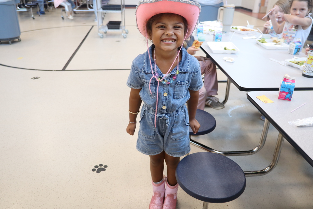 little girl dressed as cowgirl with pink cowboy hat