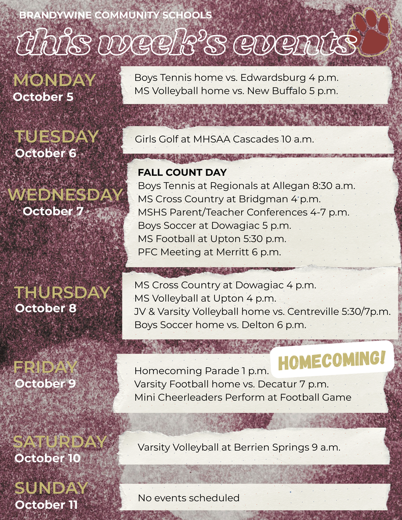 Here's what's happening this week at Brandywine Community Schools! View the full schedule at www.brandywinebobcats.org.