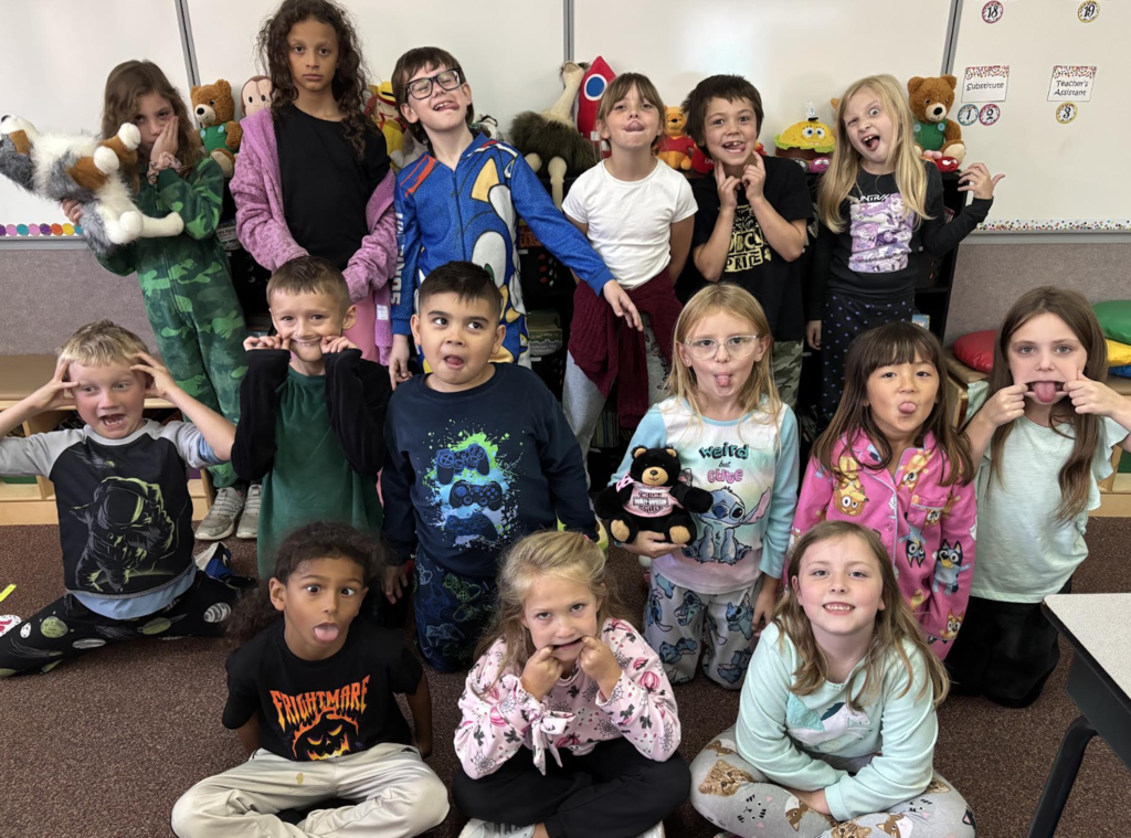 class of second graders in pajamas for comfy day